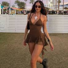 European And American 2026 Summer Hot Girl Lace-Up V-Neck Halter Neck Backless Ruffle Ribbon Jumpsuit - Brown - View 4