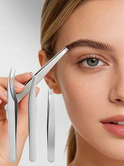 CIMACA 3 Pcs Precision Tweezers Set - 2 Eyelash Extension Tweezers & 1 Eyebrow Tweezer, Stainless Steel Lash & Brow Tool Kit For Makeup, Grafting, And Precision Grooming, Includes Curved & Angled Lash Tweezers For Extensions, Slant Tip Brow Tweezer For Hair Removal, Perfect For Beauty Salons & Home Use