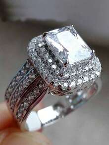 Anillos de pareja rectangulares de lujo con tres capas y cuatro garras, joyería de regalo de compromiso/boda con circonita cúbica sintética - Blanco - Ver 3