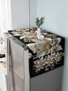 1pc Luxury Black Gold Floral Microwave Dust Cover With Dual Side Storage Pockets, Oil & Dust Proof Kitchen Appliance Cover, Farmhouse Decor, Suitable For Microwave, Washing Machine, Refrigerator - Black and White - View 4