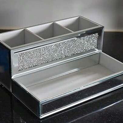 Biznest Crystal Glamour Beauty Box Makeup Brush Holder Organiser Crushed Diamond Jewel Mirror Beauty Box Makeup Brush Holder 25X20X10Cm