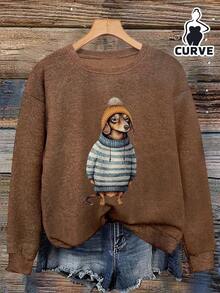 Damen Pullover in Große Größen mit Dackel-Muster, wärmende Kunstwollfaser, geeignet für Herbst/Winter, Herbstmode, warm, Oberbekleidung, Schulanfang, Erster Schultag 2026 Frühling - Braun - Übersicht 1