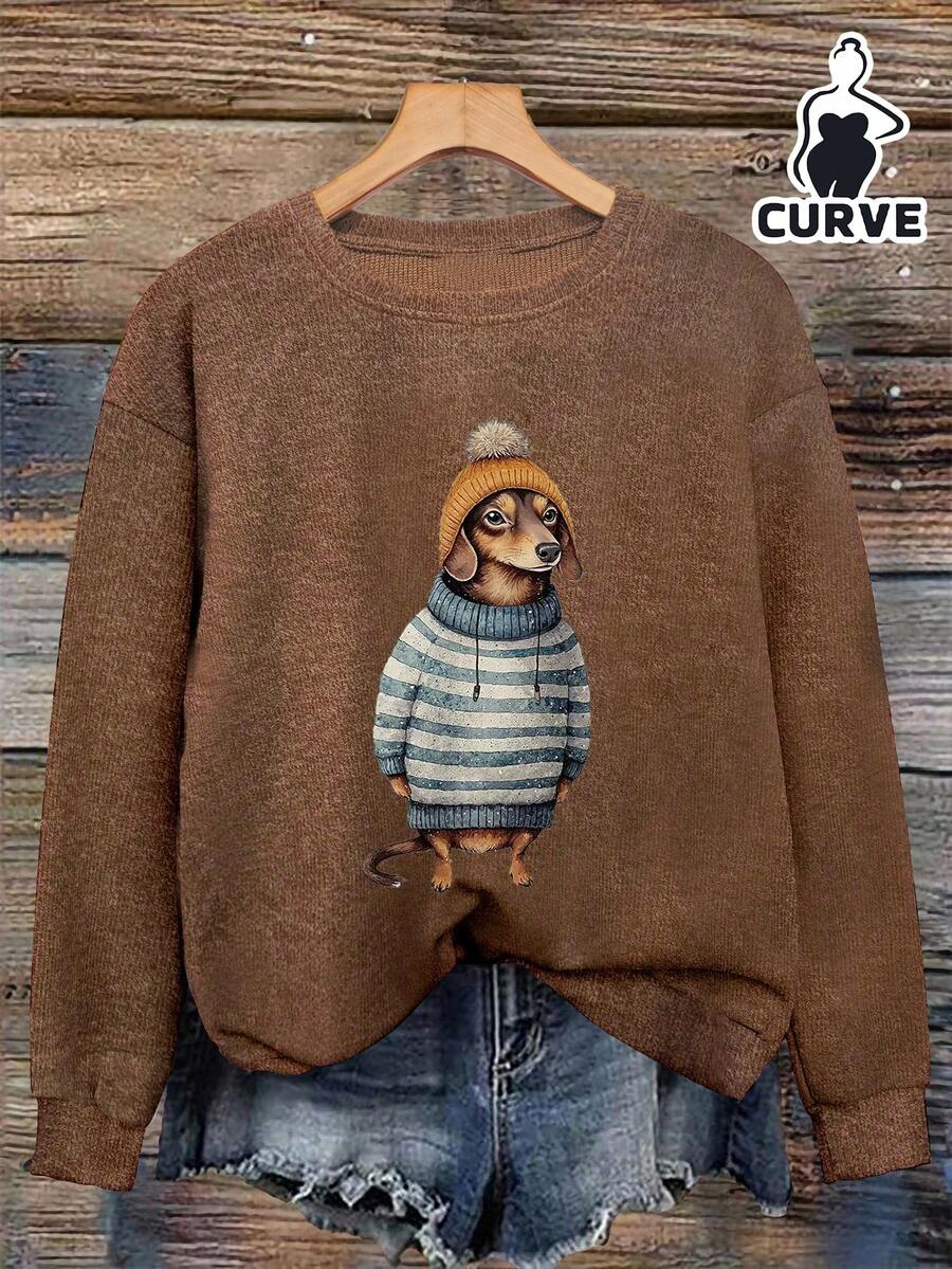 Damen Pullover in Große Größen mit Dackel-Muster, wärmende Kunstwollfaser, geeignet für Herbst/Winter, Herbstmode, warm, Oberbekleidung, Schulanfang, Erster Schultag 2026 Frühling - Braun - Übersicht 1