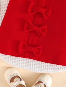 Toddler Girls' Red Dress With Delicate Bow And Puff Sleeves, Elegant And Cute Dress For Little Girls - Red - View 5