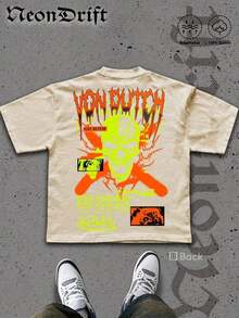 SummerNeonDrift Street Double-Sided Printing Cotton T-Shirt 100% Cotton Fabric Unisex Style-Men T Shirt Skull Graphic Print Neon Yellow Orange Cross Design Streetwear Fashion Casual Wear For Urban Style Fans Hip Hop Look Breathable 100 Cotton Comfortable FitLoose And Comfortablesummer Clothes - 奶油 - 查看 3