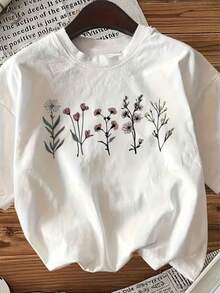 Women's T-Shirt With A Five Sprigs Of Flowers Print, Delicate And Cute, Lightweight And Comfortable Fabric, Round Neck, Short Sleeves, 100% Cotton. Stylish. - 白色 - 查看 2