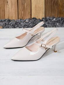 女士夏季系带尖头高跟凉鞋，露跟亮面皮革礼服鞋 - 白色 - 查看 12