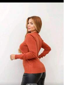 Blusa Feminina Suéter Básica Manga Longa Tricot Lisa Inverno - Laranja - Visão 2