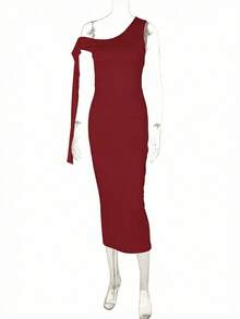 女士性感单肩紧身无袖连衣裙，优雅时尚，适合派对、度假、情人节、春夏穿着 - 酒紅色 - 查看 5