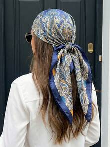 1pc Bohemian Style Vintage Paisley & Ditsy Floral Silk Bandana Scarf, Lightweight Breathable Shawl For Spring/Summer Casual & Outdoor Wear Holiday Essential Hair Accessories Summer Hair Bands Beach Headband - Royal Blue - View 2