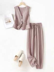 Women's Casual Linen Blazer Vest And Pants Set, Spring/Summer Pink - Pink - View 3
