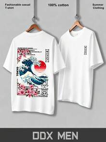 T-Shirt With Tokyo Ukiyo-E Motif, Japanese Street Style, Men's T-Shirt, Short Sleeve, Made Of Pure Cotton, Casual Sportswear, T-Shirt With Wave Pattern Print, Fashionable And Versatile, Suitable For Everyday Wear And Outdoor Activities, Summer Clothing, A Gift For Men. - 白色 - 查看 2