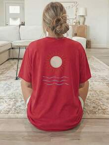 [Double-Sided Print] Women's Spring/Summer Loose Casual Clothing, Short Sleeve T-Shirt With Round Neck And Sun And Wave Print - 紅色 - 查看 3