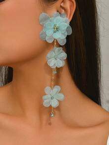1 Pair Women's Elegant Fabric Flower Long Earrings, Suitable For Daily Wear (Bead Color Random) - Light Blue - View 2