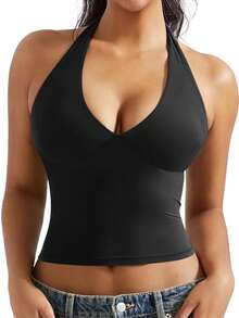 OMKAGI  Women's V-Neck Collarless Short-Sleeved Tank Top Y2K  Streetwear Style Top See-Through Top With Exposed Neckline - 黑色 - 查看 10
