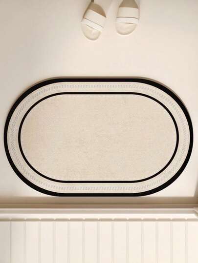 1pc Minimalist Black Edged Beige Oval Bath Mat - Quick Dry, Anti-Slip, Absorbent, Soft & Comfortable, Suitable For Bathroom, Shower, Laundry Room, Bedroom, Living Room, Doormat, Kitchen, Machine Washable, Perfect Spring Home Decor, Bedroom Decor, Room Decor, Small Rug