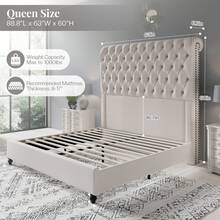 Modern Bedroom Platform Bed, Velvet Upholstered Bed With Tall Headboard - 奶油 - 查看 2
