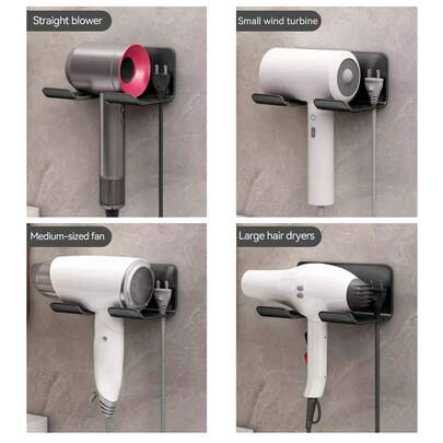 1pc No-Drill Aluminum Alloy Hair Dryer Holder, Multifunctional Wall-Mounted Hair Dryer Stand, Bathroom Blow Dryer Rack, Black