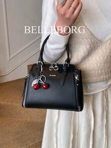 Vintage Minimalist Zipper Decor Commuter Handbag With Pendant - Black - View 4