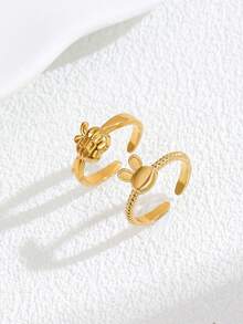 Set 2 buah cincin stainless steel berlapis emas 18K dengan desain apel dan kelinci yang lucu, cocok untuk dipakai wanita atau sebagai hadiah. - Yellow Gold - View 1