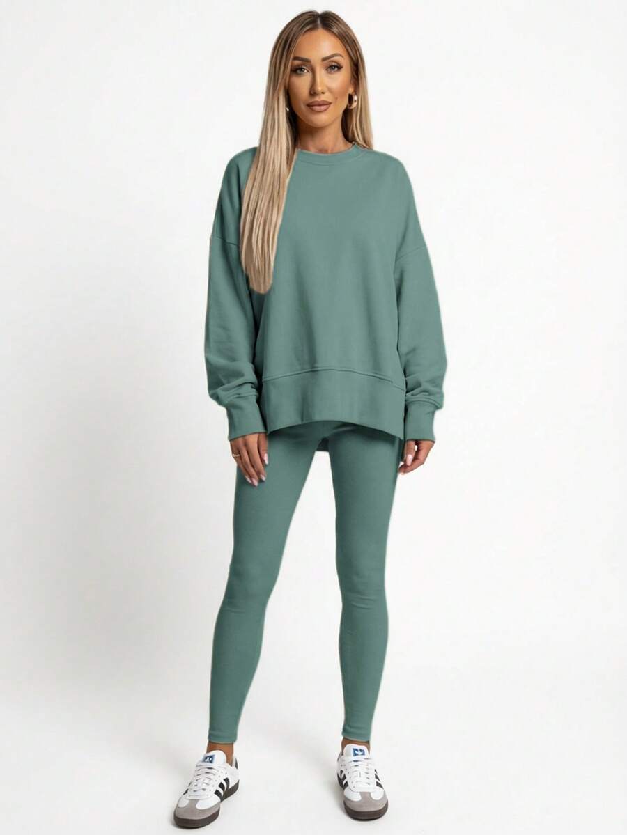 Women's 2 Piece Loungewear Set - Soft Ribbed Oversized Sweatshirt & High Waist Leggings-Ultra Soft Pajama Set For Women  - Casual Tracksuit For Airport Outfit & Lounging-Cozy Matching Outfit For Travel Yoga Home - 綠色 - 查看 1