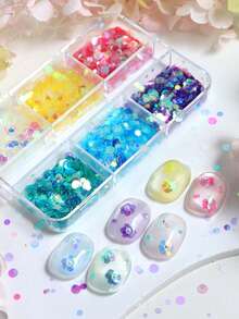 6-Grid Holographic Sequin Nail Art Decorations, Candy Color Mixed Size Shiny Nail Glitters For Summer Nails - Multicolor - View 6