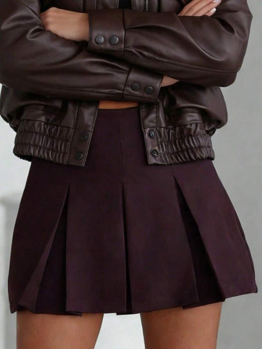 Women's Elegant Brown High Waist Pleated Mini Skirt - Casual Summer Fall Party & Business Outfit Spring - Coffee Brown - View 1