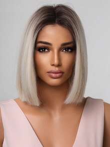 Omber Ash Gradient Blonde Wigs Short Straight Layered Bob Wig Medium Part Ombre Dark Roots Ash Golden Wig Heat-Resistant Synthetic Wig For Women Daily Suitable For Fashionable Women 10 Inch - Linen Gold - View 4