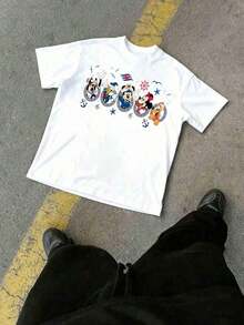 Disney Official Licensed Mickey & Friends Cruise Line Silhouette Print 220g Cotton Crew Neck Unisex Tee - White - View 4