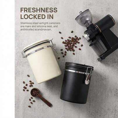 1个不锈钢密封咖啡豆罐，带日期显示阀，粉末/茶叶储存罐，防潮厨房台面罐，适用于咖啡粉、浓缩咖啡、手冲咖啡、茶叶、零食