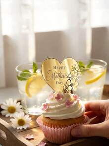 6pcs Gold Mirror Acrylic Cupcake Toppers, Heart Shape Happy Mother's Day Acrylic Cupcake Toppers, Happy Mother's Day Cake Plate Decorations, Round Birthday Party Dessert Baking Cake Decor, Mother's Day Cake Decoration Party Supplier - Gold - View 4