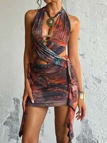 Vestido de verano WOWDARK, vestido ajustado elegante con estampado, escote calado y volantes con lazo en la cintura para mujeres, adecuado para carnaval, citas, reuniones, fiestas, viajes, vacaciones, playa y otras ocasiones - Marrón - Ver 4