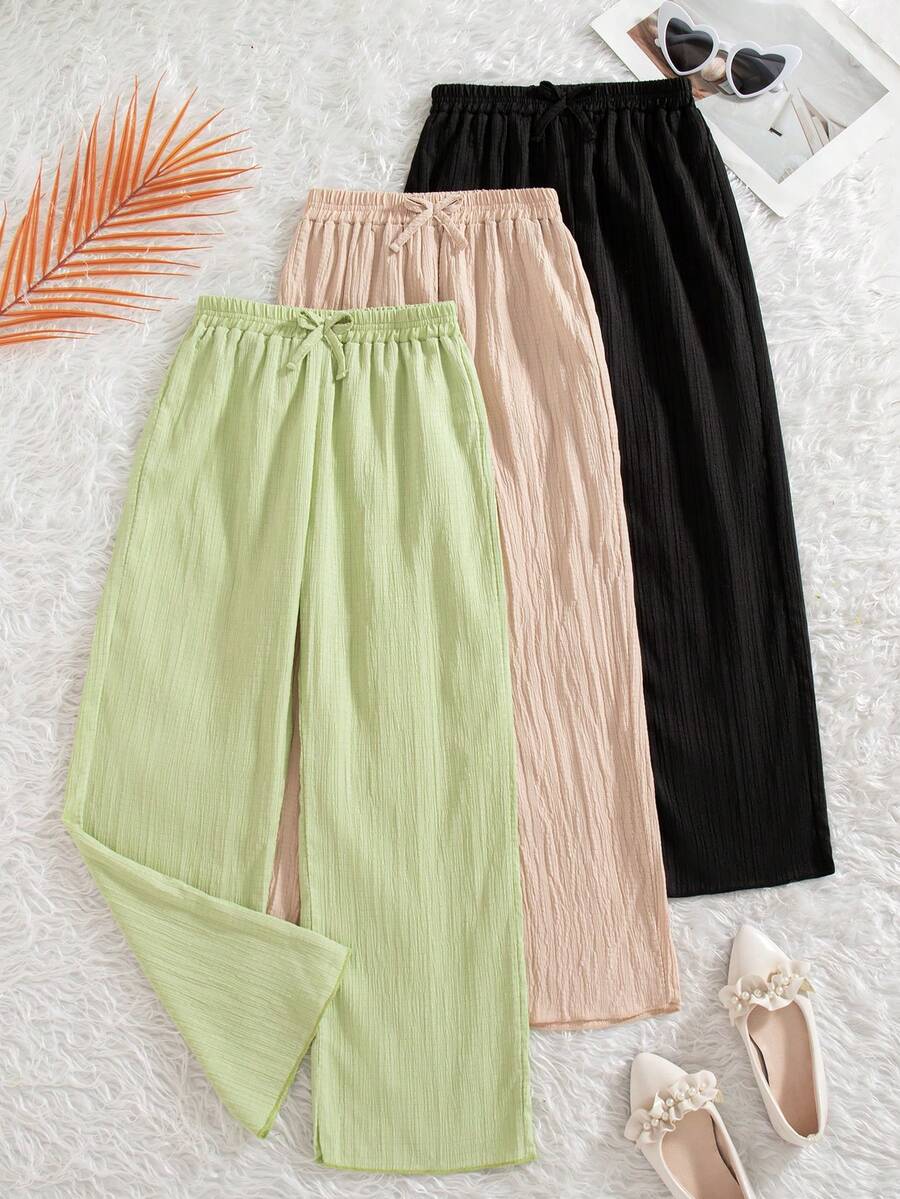 3pcs/Set Girls' Casual Solid Color Pants With Bow Decor Elastic Waistband, Suitable For Spring & Autumn - Green - View 1