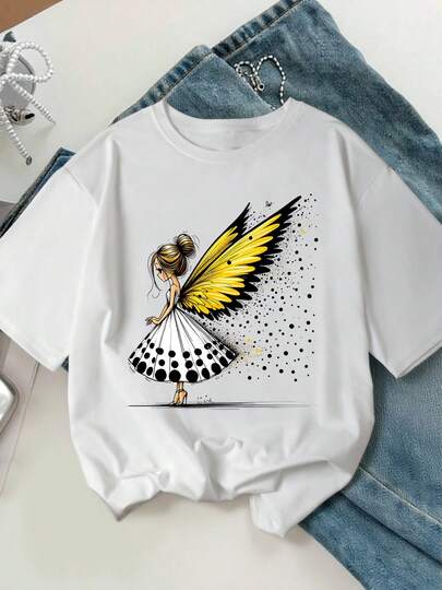 Plus Size Women's Fashion T-Shirt, Soft & Breathable, Suitable For Summer & Spring, Casual, Vacation, Daily Wear - Plus Size Women's Regular Printed T-Shirt White