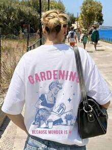 1pc Women's Summer Round Neck Short Sleeve T-Shirt, Gardening Lover & English Letter Print Pattern, Suitable For Vacation, Office, Outing, Daily, Date, Party, Gathering, Street, Valentine's Day, Party Occasion Elegant T-Shirt - White - View 5