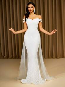 LOVE&LEMONADE Elegant White Off Shoulder Flowing Mesh Patchwork Backless Criss-Cross Tie Mermaid Long Wedding Dress - White - View 5