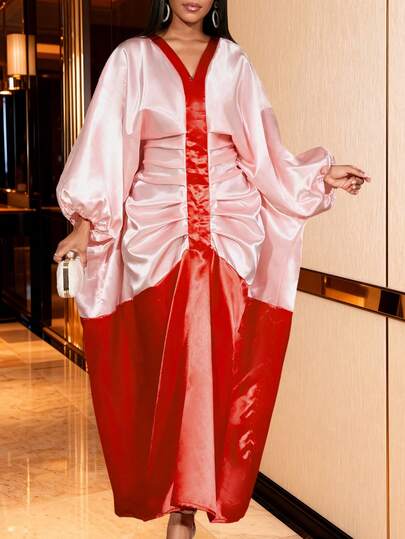 Vestido africano de satén con bloques de color para mujer, vestido elegante y formal para la iglesia con mangas de murciélago sueltas y plisadas