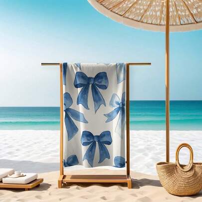 【超细纤维沙滩巾】轻盈、高吸水性特大号蓝色蝴蝶结超细纤维沙滩巾 - 适用于海滩、泳池、露营和旅行 - 极其舒适