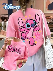 Disney-Themed, Vibrant Pink Stitch Jumping Pattern Print Oversized Women's Fashion Crew Neck T-Shirt, Perfect For Spring And Summer Casual Wear-A Thoughtful Gift For Her. - 粉色 - 查看 1