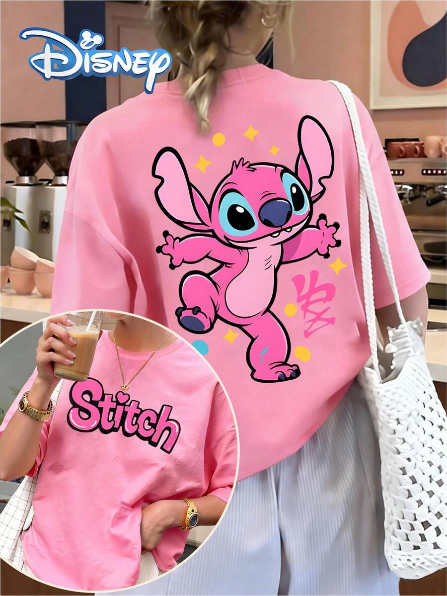 Disney-Themed, Vibrant Pink Stitch Jumping Pattern Print Oversized Women's Fashion Crew Neck T-Shirt, Perfect For Spring And Summer Casual Wear-A Thoughtful Gift For Her. - 粉色 - 查看 1