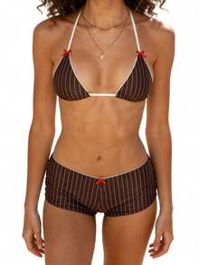 Womens Bikini Swimsuits Striped/Animal Print Halter Bra Tops with Briefs 2 Pcs Set Stylish Bikini Bathing Suit - Marrón - Ver 4