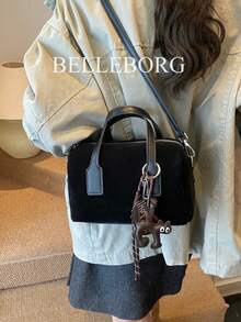 Matte Finish Tote Bag With Large Capacity, Fashionable Ladies' Handbag With Pendant - Black - View 7