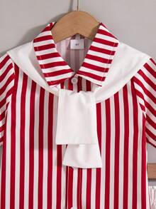2pcs/Set Boys' Casual Striped Print Decorated Patch Collar Short Sleeve Top And Solid Color Decorated Shorts Outfit, Spring/Summer - Red - View 3