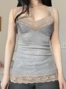 女士蕾丝拼接V领吊带背心，Y2K风格休闲修身无袖背心，夏季百搭吊带背心 - 灰色 - 查看 4