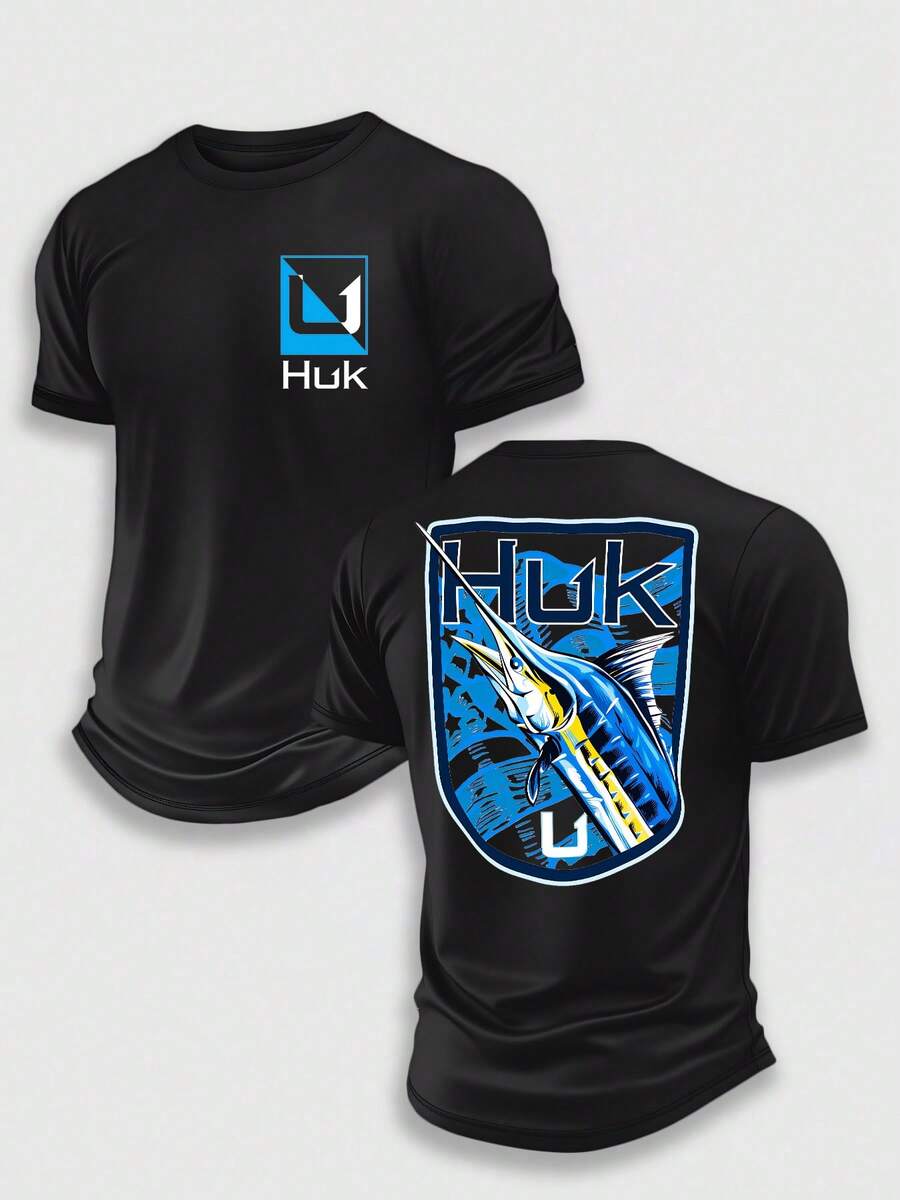 (220 Pieces Of Pure Cotton T-Shirts)HUK NEON SWORD Performance Fishing T-Shirt, Moisture Wicking Quick Dry Tee, High-Quality Graphic Printed Outdoor Sportswear, Men's Short Sleeve Shirt, Blue Marlin Shield Art, Neon Fishing Graphic, Holiday Gift, Performance Gear, Lightweight Breathable, Camisetas Para Hombre, Men Vacation Outfits, Urban Outdoor Style - 黑色 - 查看 1