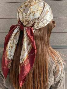 1 件女士时尚链条和绳索印花方形围巾，适合春秋季节的百搭装饰头巾，头巾、发带、头带非常适合装扮您的外观 - 酒紅色 - 查看 2