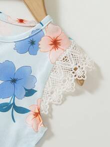 1pc Girls Cute Sweet Minimalist Floral Print Lace Cap Sleeve Round Neck Playful Lively Princess Dress, Casual Everyday Wear - Multicolor - View 6