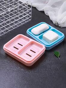 1pc Creative Dual-Compartment Waterproof Covered Soap Dish, Fashionable Dual-Grid Plastic Soap Holder With Drainage - A - View 2