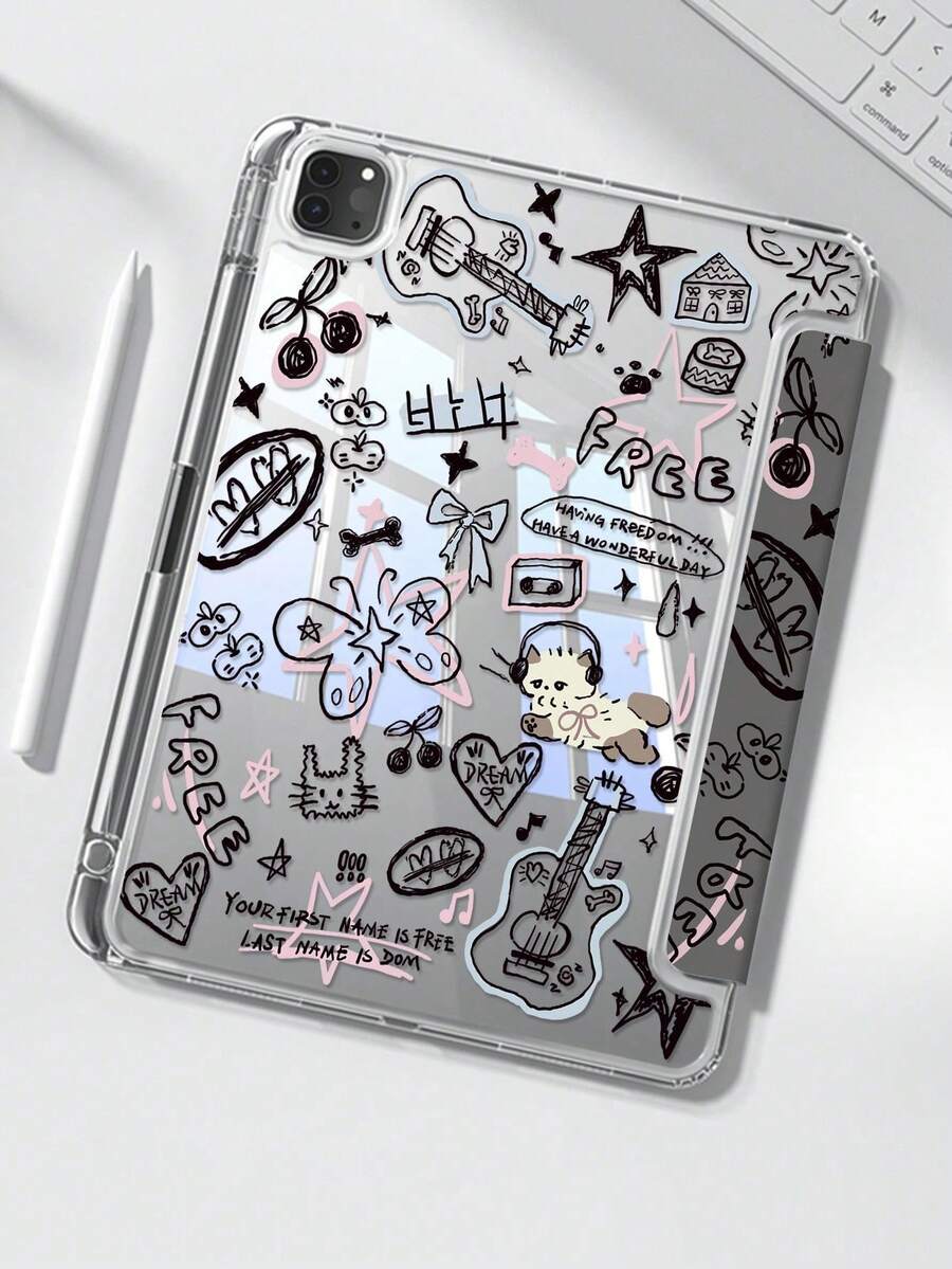 Cute Cartoon Cat, Animal, Butterfly, Letter, Star, Bow Pattern Double-Sided Acrylic Transparent Crystal Back Cover, Shock-Resistant And Durable, Suitable For 7th, 8th And 10th Generation (10.2 Inch). It Has A Built-In Pen Slot And Supports Sleep/Wake Function. An Ideal Choice For Halloween And New Year Gifts. - View 1