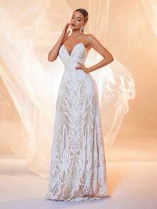 LOVE&LEMONADE Sexy V-Neck Halter Mesh Sequin Backless Criss-Cross Tie Long Party Evening Dress (Front Top Half, Back Random Floral Pattern, Not Matched) Spring Wedding - Apricot - View 3